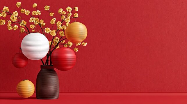 A vase with yellow and red flowers sits on a red background. The flowers are arranged in a way that creates a sense of balance and harmony. The red background adds a bold
