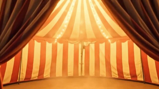 A captivating, classic red and white striped tent stands illuminated against a twilight sky, adorned with warm, glowing string lights that drape elegantly over its majestic peak and entrance. A subtle