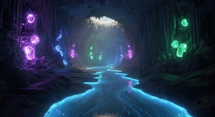 Luminous River and Glowing Crystals Illuminate a Mystical Fantasy Cave with Sunbeams