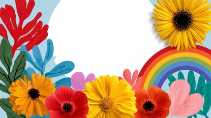 A colorful flower arrangement with a rainbow in the background. The flowers are arranged in a circle, with the rainbow in the center. Scene is cheerful and bright