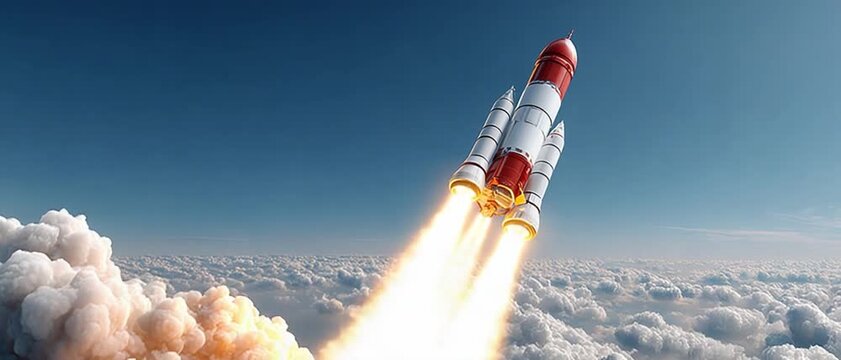 Reaching for the Cosmos: A powerful rocket launches skyward, ascending through the clouds. This image represents the human spirit of exploration and discovery. 