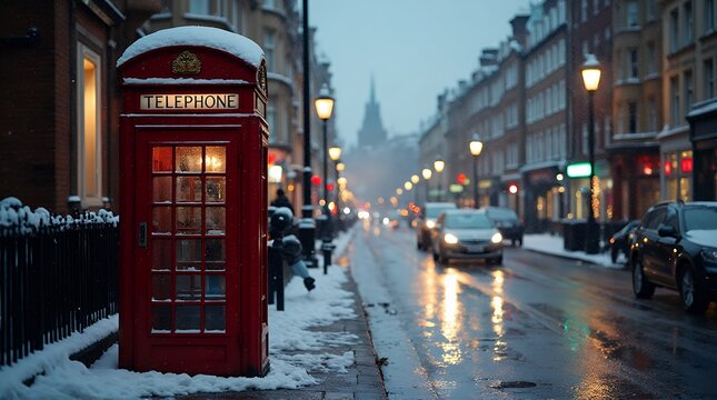 Classic red telephone box gleams on a snowy London street, capturing timeless British charm and winter's embrace with reflections on wet pavement - Powered by Adobe