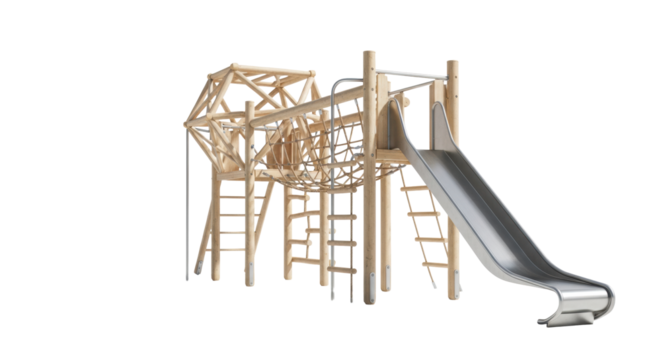 A modern eco-friendly wooden playground structure with a climbing frame, rope bridge, and gleaming steel slide on a transparent studio background. Concept of sustainable childhood development - Powered by Adobe