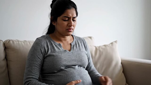 Pregnant Indian Woman Experiences Contractions While Working on Laptop at Home.
