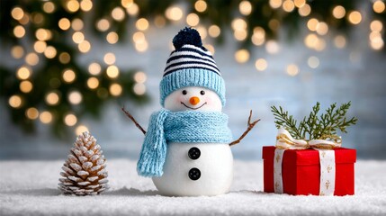 Obraz premium A snowman with a blue hat and scarf stands next to a red box. The snowman is smiling and the box is wrapped in red paper. The scene is festive and cheerful, with the snowman