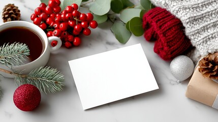 A white card sits on a table with a cup of coffee, a red sweater, and a pine tree