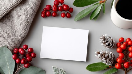 A white card sits on a table with red berries and green leaves. The card is blank, but it could be a Christmas card or a card for a special occasion. The table setting is simple and elegant