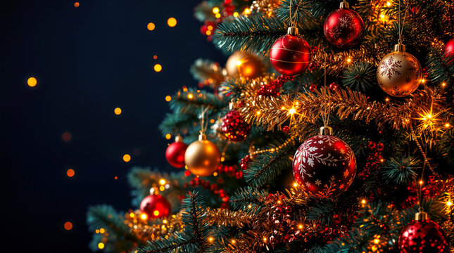 Weihnachtsbaum mit roten und goldenen Kugeln und Lichterkette – festliche Nahaufnahme mit Bokeh vor dunklem Hintergrund