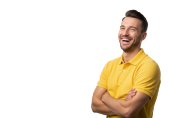 handsome caucasian man in bright yellow polo, late 20s, laughing heartily, arms crossed, sharp studio portrait against a transparent background with copy space. concept of genuine happiness and