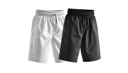 Two shorts, one white, one black, on dark background