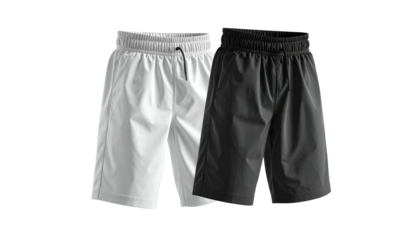 Two shorts, one white, one black, on dark background