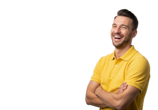 handsome caucasian man in bright yellow polo, late 20s, laughing heartily, arms crossed, sharp studio portrait against a transparent background with copy space. concept of genuine happiness and - Powered by Adobe