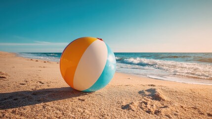 Obraz premium A vibrant beach ball rests on a sandy beach as gentle waves lap at the shore. The sun is setting casting warm light over the scene creating a serene atmosphere.