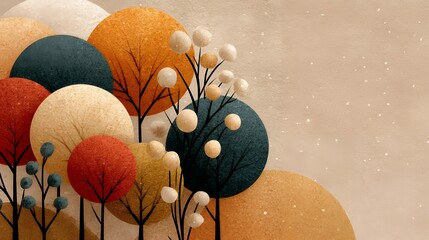 Simple boho New Year backdrop, flat illustration with handcrafted organic shapes, calm desert-like tones, abstract sparkles, warm and serene celebration theme