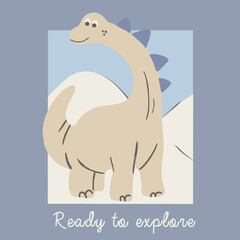 Cute Dino Hand drawn with mountain, and text ready to explore, cute graphic for boys , Dino graphic and dinosaur Vector illustration, background darker navy © zaya