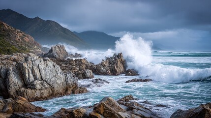 Fototapeta premium Coastal Drama: Turquoise ocean waves crash against rocky cliffs under a stormy sky, creating a dynamic and powerful seascape with mountains in the distant view.