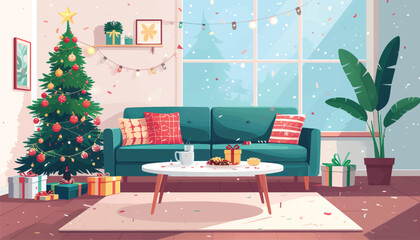 Obraz premium Christmas Party Living Room Scene Flat Vector Illustration
