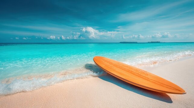 A surfboard lies on the warm sand gently touched by ocean waves. The tranquil sea features vibrant turquoise water under a bright blue sky. Ideal for a day of relaxation and fun.