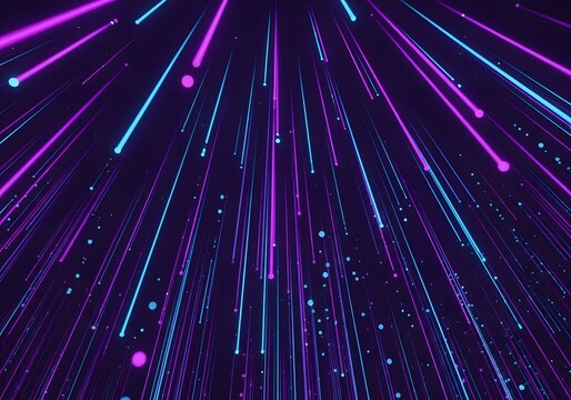 A dynamic digital design showcasing cascading vertical lines and scattered dots in vibrant neon colors of pink, purple, and electric blue. The dark indigo background makes the glowing colors pop, crea