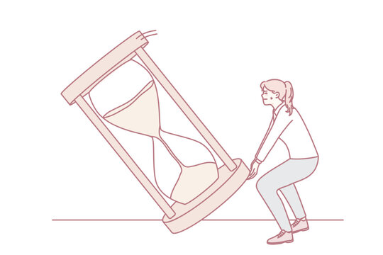 Businesswoman try to flip sand clock and win more time. Woman struggle not to miss deadline have time adjustments. Vector illustration.