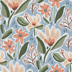 Seamless floral pattern with pastel peach blossoms and green leaves on soft blue background hand drawn botanical illustration for textiles wallpapers and crafts