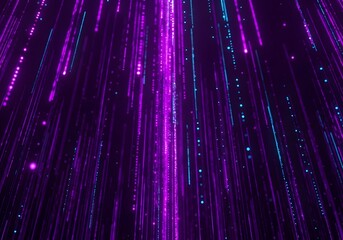 A futuristic, vibrant digital composition with cascading vertical neon lines and scattered dots. The design incorporates neon pink, electric blue, and vibrant purple, set against a dark indigo backgro