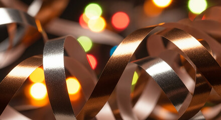 A close-up of metallic silver and copper curling ribbons with blurred, colorful bokeh lights in the background.