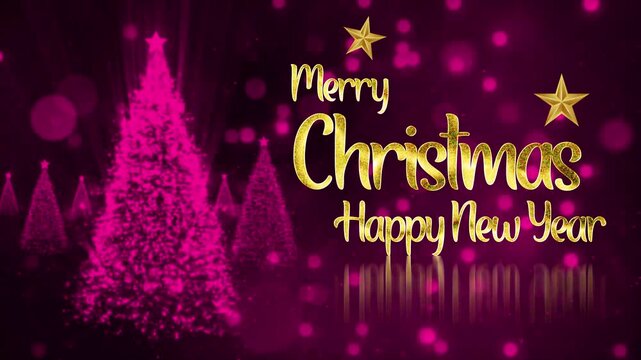 Christmas holiday greeting card with decorated tree star and snowflakes in red and winter theme