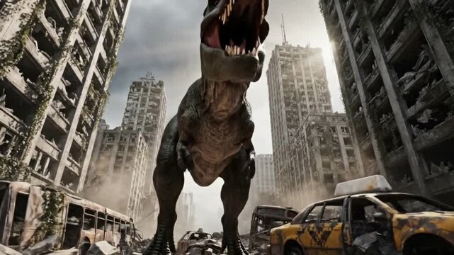 A colossal, scaly prehistoric creature with menacing, glowing red eyes dominates a desolate, post-apocalyptic city. Ruined skyscrapers and abandoned, wrecked vehicles like a yellow car and bus litter 