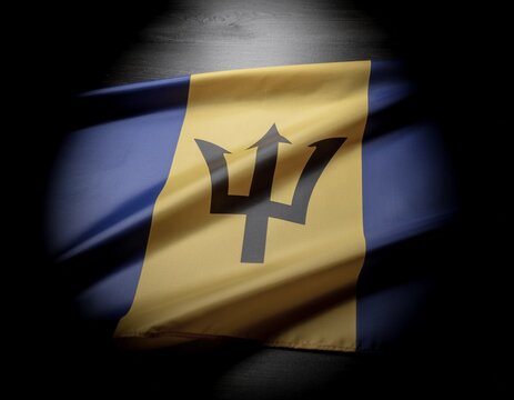 The national flag of Barbados with its iconic trident symbol, cast in a dramatic spotlight against a dark background