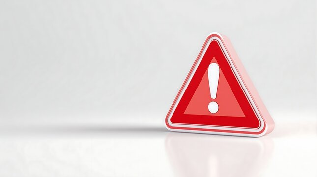 A red and white triangular warning sign with an exclamation point on a white surface in a studio setting
