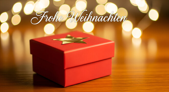 Christmas Gift and German Greeting with Bokeh Lights