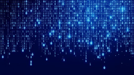 A digital rain of binary code cascading down a dark blue screen in a modern technology display