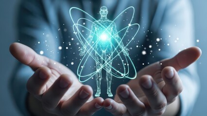 Futuristic digital human body model in hands, showcasing health tech and innovation