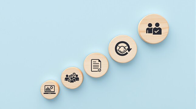 Wooden circles with business icons arranged in ascending order on a light blue background surface top view