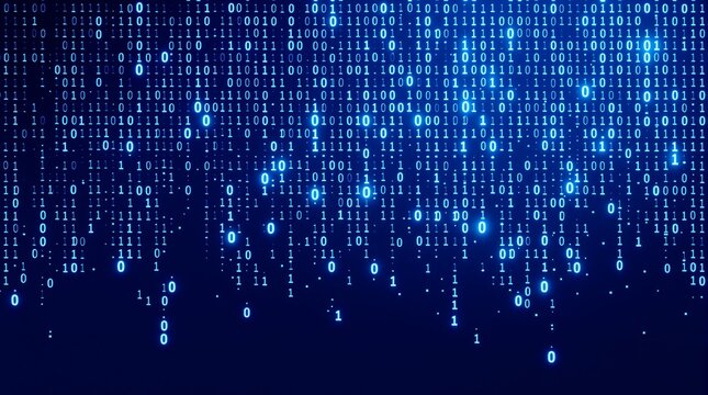 A digital rain of binary code cascading down a dark blue screen in a modern technology display - Powered by Adobe
