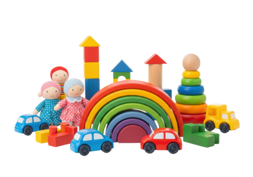 meticulously arranged wooden building blocks, a seven-arch rainbow stacker, plastic cars, and fabric dolls on a transparent background with copy space, studio high-key lighting, concept of classic