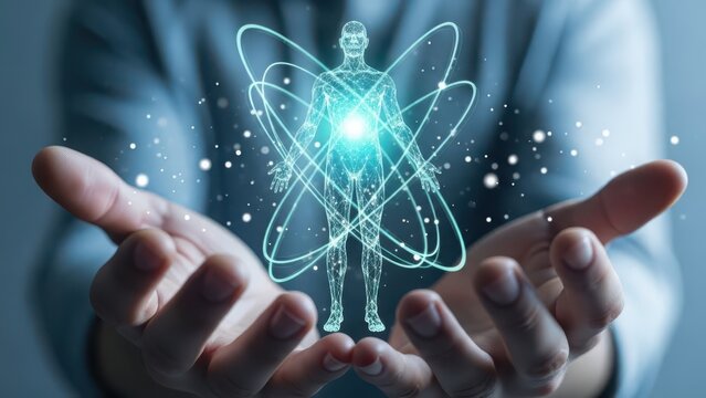 Futuristic digital human body model in hands, showcasing health tech and innovation