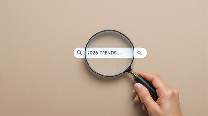 A hand holding a magnifying glass over a search bar that says 2026 trends on a beige background