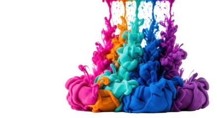 High-speed macro shot of magenta, orange, blue, and purple high-viscosity ink streams swirling in clear water, forming billowing plumes against a bright white background. Concept of spontaneous fluid