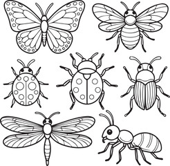 Naklejka premium Cute insects coloring page for kids of butterfly, ladybug, bee and bug vector elements icon set