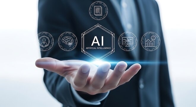 Artificial intelligence concept with business man holding ai technology icons