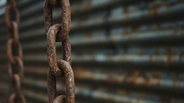 A detailed close-up of robust, heavily rusted metal chain links, showcasing their rough texture and deep reddish-brown corrosion. This weathered iron evokes powerful themes of strength, durability, co