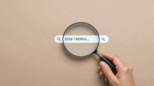 A hand holding a magnifying glass over a search bar that says 2026 trends on a beige background