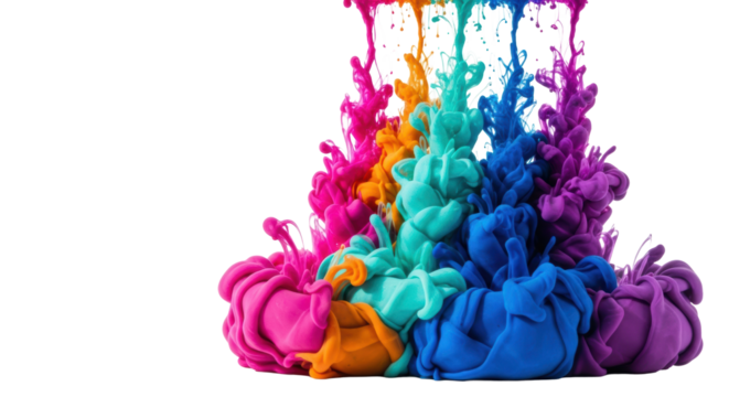 High-speed macro shot of magenta, orange, blue, and purple high-viscosity ink streams swirling in clear water, forming billowing plumes against a bright white background. Concept of spontaneous fluid