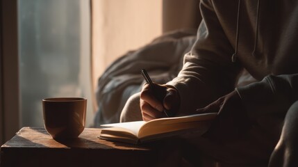 Man journaling morning reflections with coffee beside window showing cozy masculine energy and mindfulness, perfect for mental wellness and mindfulness practice self care lifestyle concept.