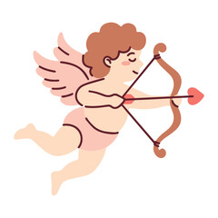 A flying little angel holding a bow and aiming an arrow of love. Mythological character Cupid isolated on white for romantic design themes and postcards.