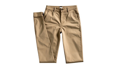 Folded tan pants with casual rolled hem on a black backdrop