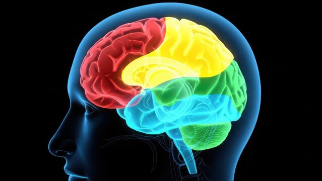 Conceptual 3d human brain model displaying color-coded regions and functions