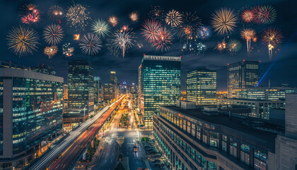City Skyline Fireworks Display at Night.